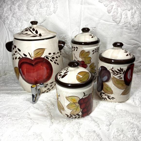TABLETOPS GALLERY BOUNTIFUL Apples & Berries Hand Painted and Crafted Canisters - Picture 1 of 6